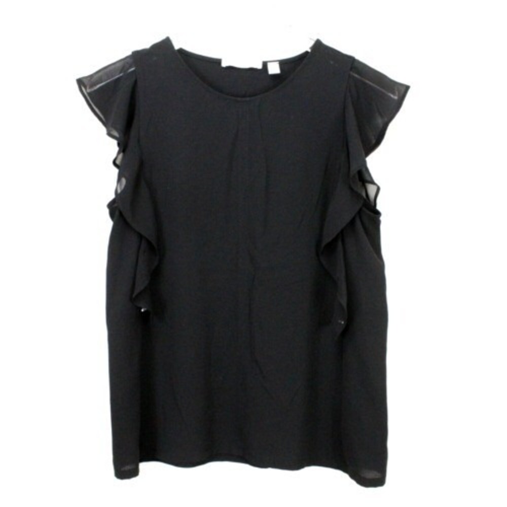 BOSS Hugo Boss Top Blouse 4 Black Flutter Sleeve Chiffon Ruffle Crew Neck